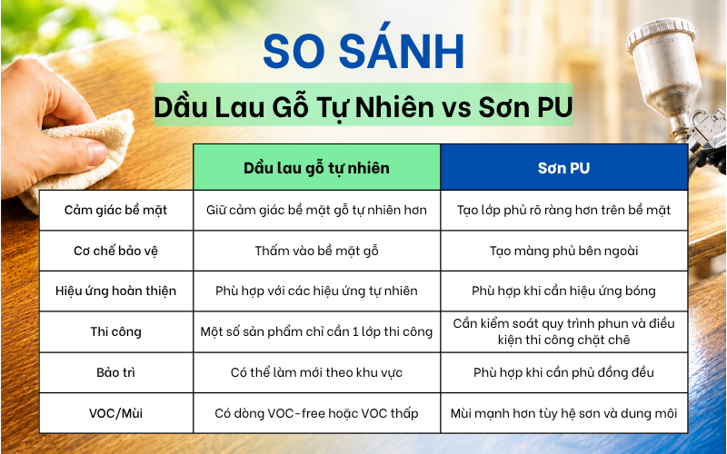 Bảng so sánh dầu lau gỗ tự nhiên và sơn PU trong hoàn thiện bề mặt gỗ